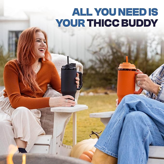 Thicc Buddy - 16 oz Stainless Steel Vacuum Insulated Tumbler with Lid and Straw for Water - Travel Mug Cupholder Friendly - Gifts for Women Men Him Her