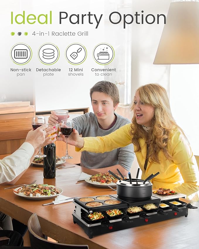Raclette Table Grill - Indoor Electric Grill Griddle - Nonstick Extra Large Reversible 4-In-1 Outdoor Dishwasher Safe with Cheese 12 Paddles 12 Spatulas for 12 Person, FD-12RN1650