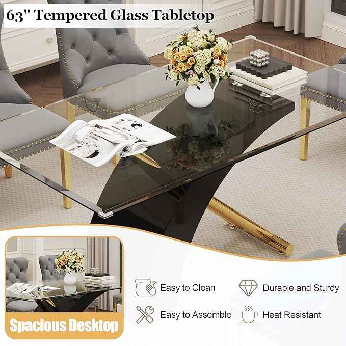 7 Piece Glass Dining Table Set for 6, 63" Modern Kitchen Table with 6 Grey Velvet Chairs, Tempered Glass Tabletop with Black X-Shaped MDF Base, Modern Dining Room Set for Kitchen and Dining Room