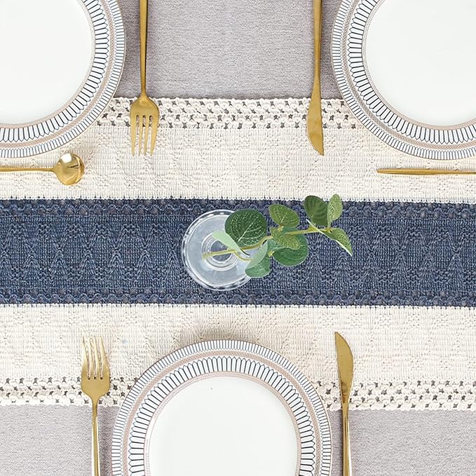 FEXIA Boho Blue Table Runner 72 Inches Long with Tassels Macrame Farmhouse Style Party Rustic Wedding Baby Bridal Shower Dining Decor (12x72 Inches)