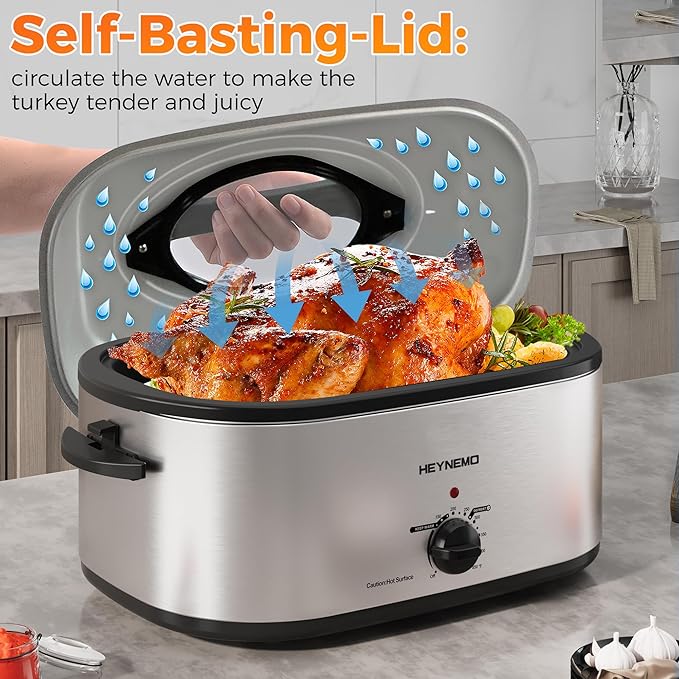 26 Quart Electric Roaster Oven with Visible & Self-Basting Lid, Large Turkey Roaster with Defrost Warm Function, Adjustable Temperature, Removable Pan Rack, Stainless Steel, Silver