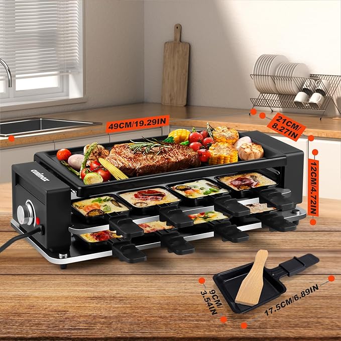 CUSIMAX Raclette Grill Korean BBQ Grill, Portable Raclette Table Grill Electric Grill with Non-stick Plate, Adjustable Temperature Control, Indoor Grill with Cool Touch Handles, 8 Cheese Trays for Fun