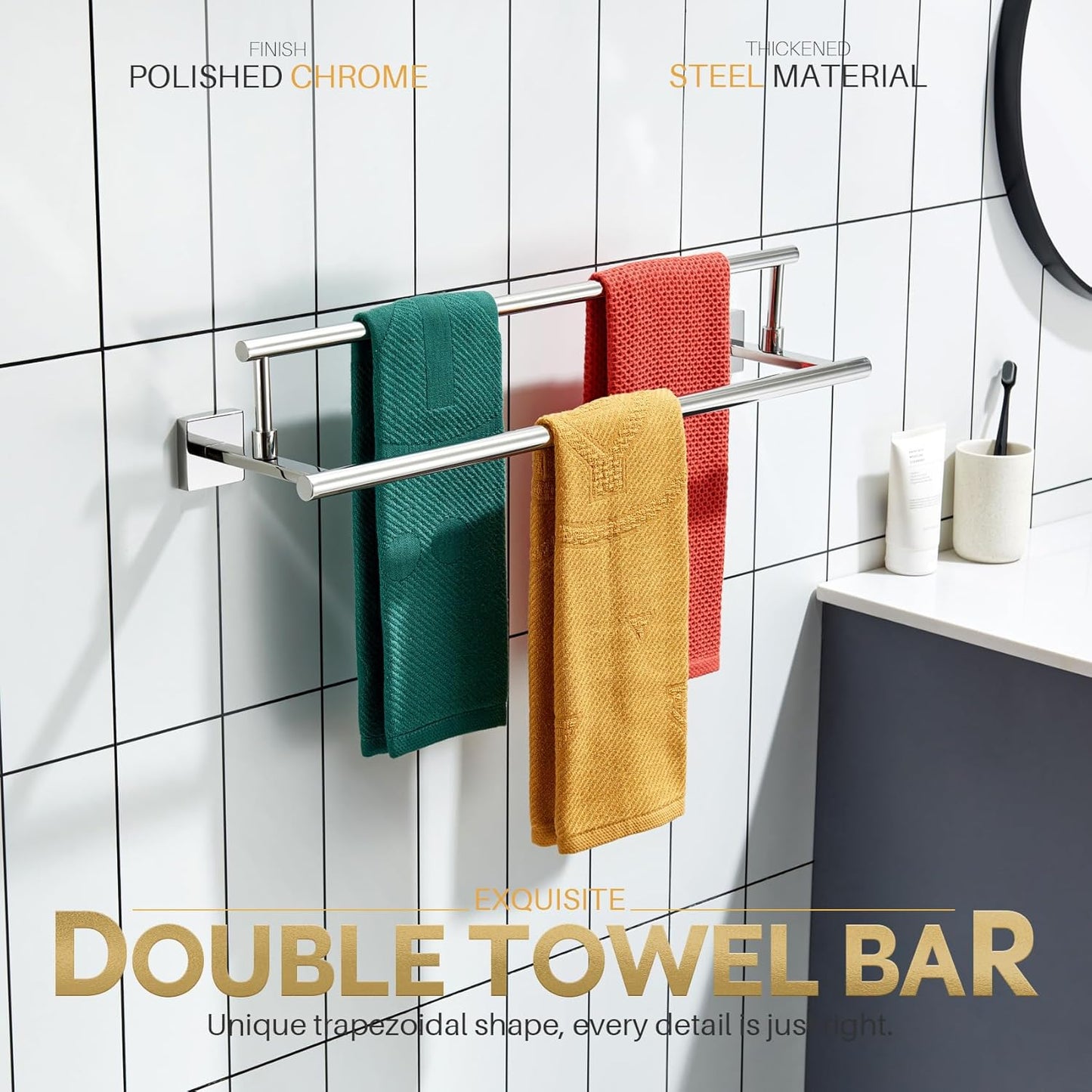 KOKOSIRI Towel Holder 24-Inch Bathroom Double Bath Towel Bars Kitchen Rack Wall Mounted Polished Chrome Stainless Steel B5009CH-L24