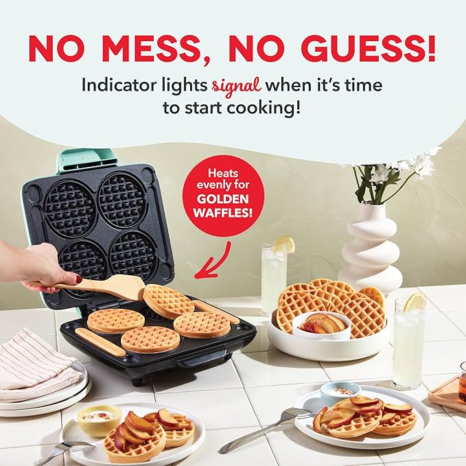 Dash Multi Mini Waffle Maker- Quad Waffle Maker for Family Breakfasts - Dual Nonstick Heating Plates & Easy-Release Surface - Compact & Fast-Heating - Aqua