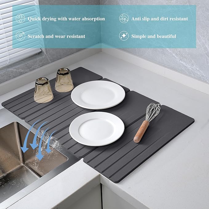 Extral Large Quick Dry Stone Drying Mat for Kitchen Counter,24x16 Inch Collapsible Eco-Friendly Absorbent Diatomaceous Earth Mat for Dishes Cups (Deep Gray-Upgraded Version, 24x16 inch)