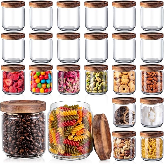 Irenare 24 Pack Glass Containers Canister Set, 17 oz Food Storage Spice Jars with Airtight Lids, Clear Kitchen Containers for Coffee Sugar Tea Beans Nuts Candy Pantry Organization (Wood)