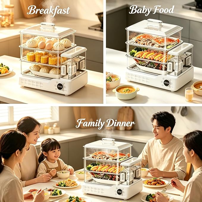 Electric Steamer: 24L/25QT Electric Steamer for Cooking, 3 Tier Food Steamer with Detachable Water Tank, Steamer for Food with 800W Power for Veggies, Seafood & Rice, BPA-Free