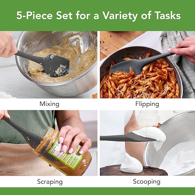 Tovolo Flex Core 5 Piece Silicone Spatula Set Heat Resistant All Silicone Utensils Include Non Stick Spatula Spoonula Jar Scraper, Dishwasher Safe BPA Free Spatulas for Baking Mixing, Charcoal Gray