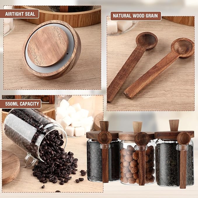 Remerry Set of 6 Glass Jar with Wooden Lid and Spoon, Clear Airtight Spice Canisters Glass Food Storage Kitchen Containers Set for Coffee Bean Tea Sugar (20 oz)