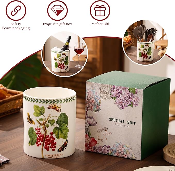 7" Flower Utensil Holder, Large Kitchen Utensil Holder Organizer , White Stable Utensil Crock Spatula Holder for Kitchen Counter Countertop Farmhouse Cooking Tools Holder(Ribes rubrum)