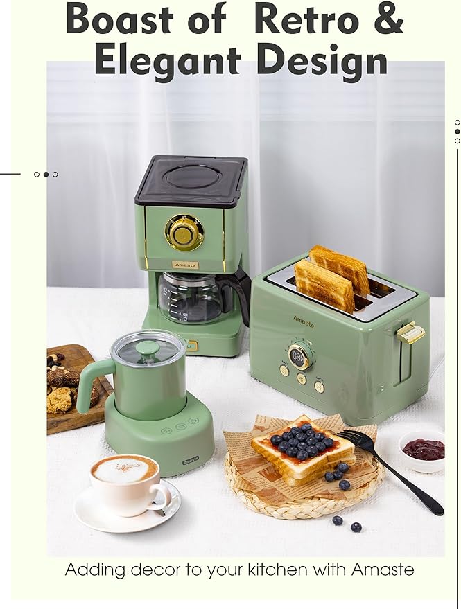 Amaste Drip Coffee Maker, Coffee Machine with 25 Oz Glass Coffee Pot, Retro Style Coffee Maker with Reusable Filter & Three Brewing Modes, Warming Plate, Matcha Green