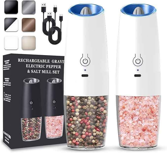 Rechargeable Electric Salt and Pepper Grinder set of 2, gravity electric salt and pepper grinder set, Adjustable Roughness, LED Light, 2 Pack, (White)