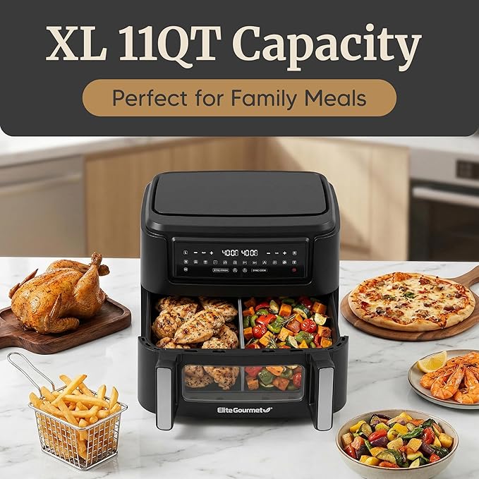 Elite Gourmet Dual Zone Air Fryer Oven 11QT, Dual Basket Air Fryer with Divider, Sync Finish & Sync Cook, PFAS Free Nonstick, 10 Presets, Air Fry Bake Roast Broil Toast Dehydrate, 1600W Black