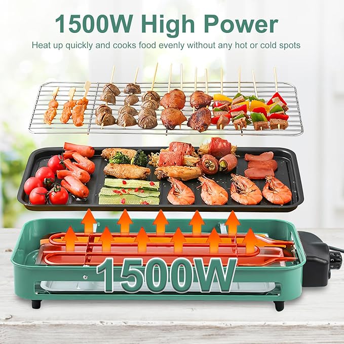 1500W Electric Indoor Grill,2 in 1 Smokeless Indoor Grills,Portable Korean BBQ Raclette Table Grill for Kitchen with Net & Non-Stick Cooking Removable Plate 5 Temperature Control,Dishwasher Safe