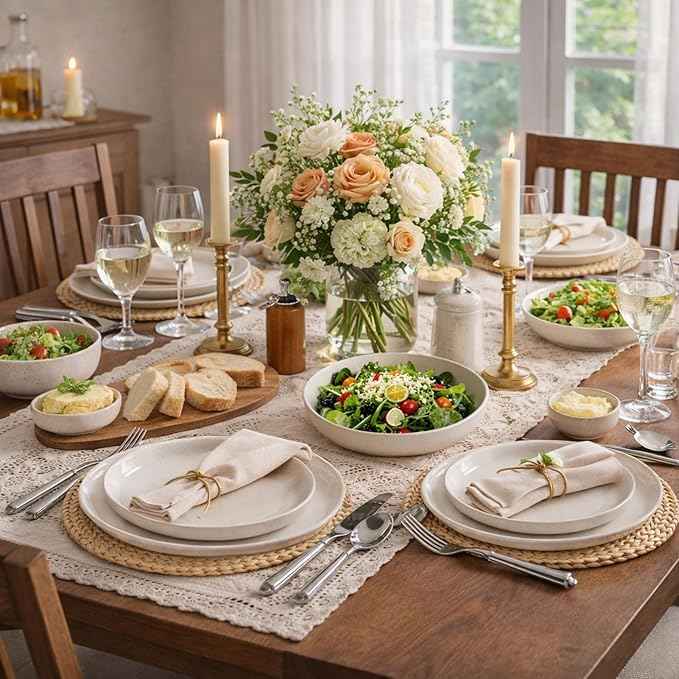 AmorArc Ceramic Dinnerware Sets with Pasta Bowls for 4, Handpainted Plates and Bowls Set with Rustic Terracotta Underside, Scratch Resistant Dishes Set, Dishwasher & Microwave Safe, 16 Pcs