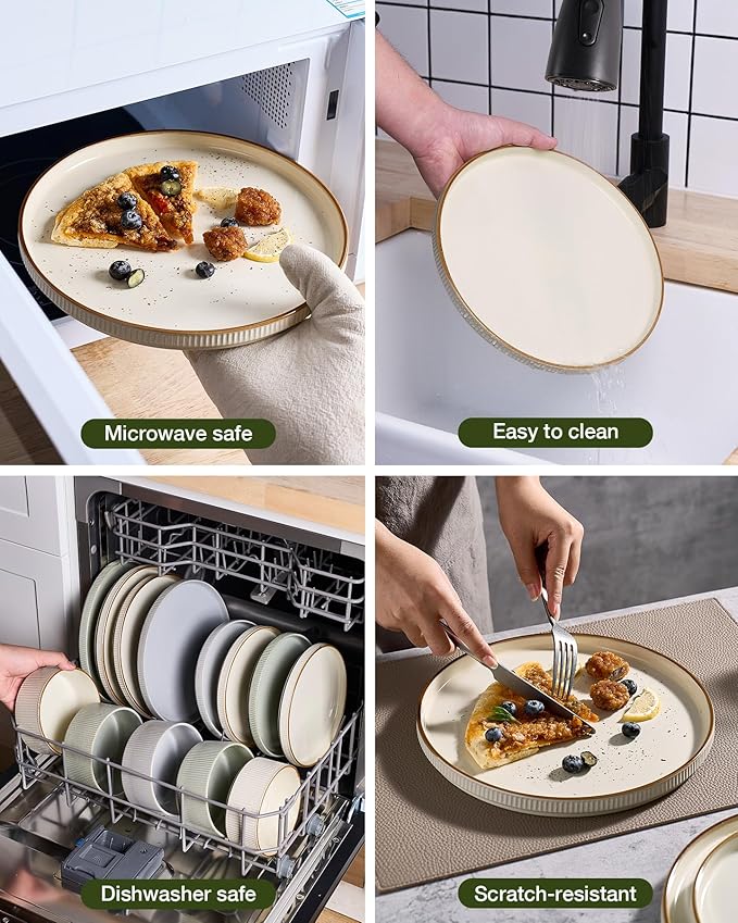 Famiware Star 24-Piece Stoneware Dinnerware Sets with Trim, Service for 8 - Ceramic Plates and Bowls Set, Ribbed Dishes with High Edge, Chip & Scratch Resistant, Microwave & Dishwasher Safe, Cream