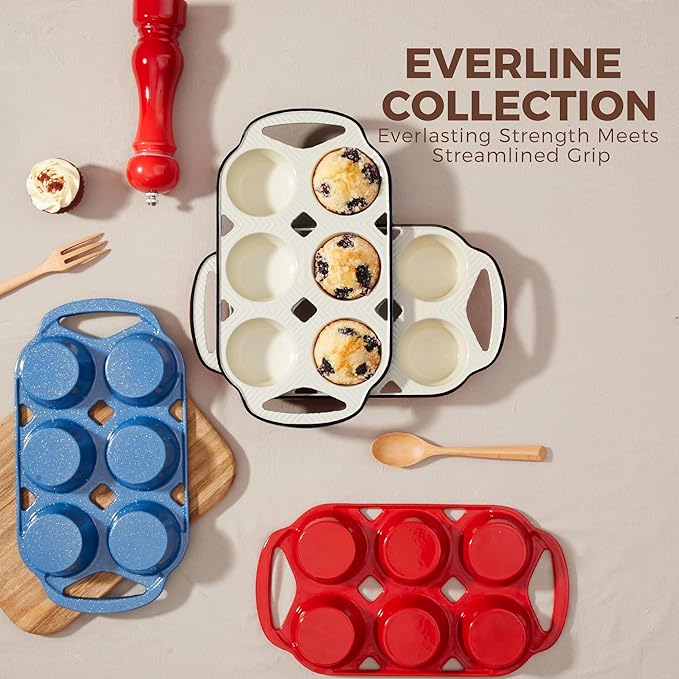 HONGBAKE Everline Collection Enameled Cast Iron Muffin Pan, Non Tocix Naturally Muffin Tin 6, Non Stick Cup Cake Pans for Baking, Oven & Stovetop Safe, Standard Size, 2 Pack, Red