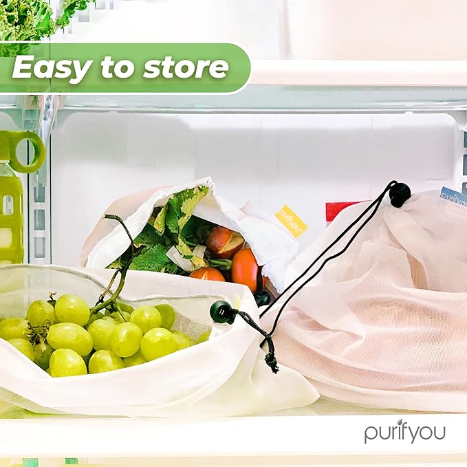 purifyou Set of 9 Reusable Produce Bags – Heavy Duty Washable Mesh Grocery Bags with Drawstring, Ideal for Farmers Market, Beach Storage, Refrigerator Use (Extra Large, Large, Small)