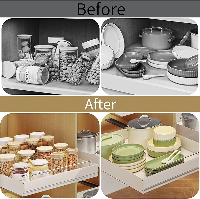 Mingling 2 Pack Pull Out Cabinet Organizer, Carbon Steel Heavy Duty Slide Out Drawer, 21" Deep White Adhesive Pull Out Drawers for Cabinets, Roll Out Shelves for Kitchen Organization, Pantry, Bathroom