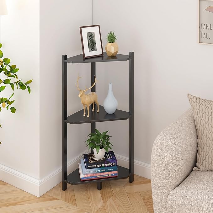 Wisuce Corner Shelf, 100% Real Bamboo Shower Corner Shelves Free Standing Shelf Storage Organizer for Bathroom Living Room Kitchen (Black, 3 Tier)