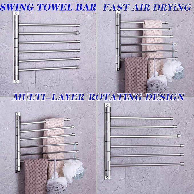 GERZWY Bathroom Swing Arm Towel Bars Wall Mount Bath Towel Rack with 6 Arms Hanger Towel Holder Organizer Polished Stainless Steel HYG06-JG