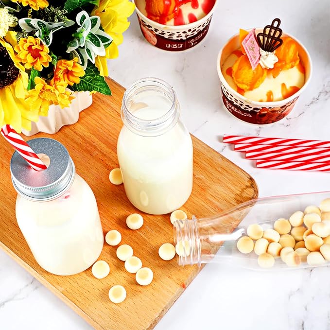 Yinkin 20 Set 10 oz Plastic Milk Bottles with Straws Metal Lids Clear Plastic Containers for Dairy Milk Party Bottle for Juices Shakes Smoothies(Red, White)
