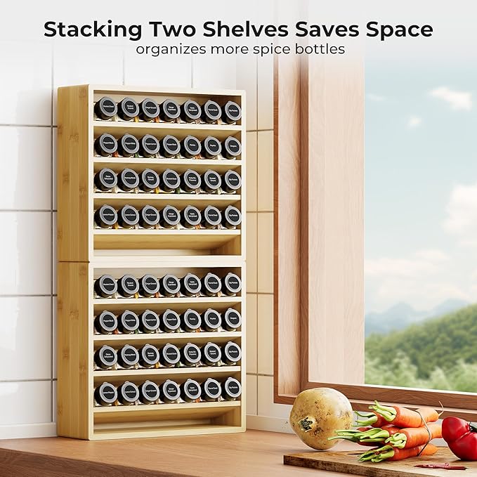 Orimade 4 Tier Spice Rack Organizer for Cabinet with 28 Plastic Spice Jars, Freestanding Bamboo Seasoning Rack for Countertop, Cupboard, Pantry, Kitchen, 13.18 x 4.13 x 12.2 inches