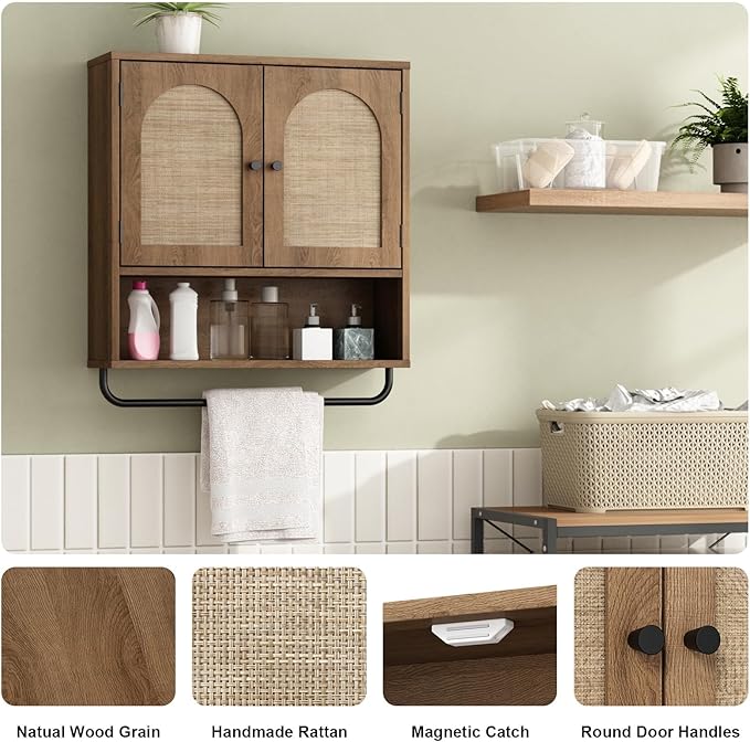 RUSTOWN Rattan Bathroom Wall Cabinet, Boho Medicine Cabinet with 2 Arched Doors, Farmhouse Over The Toilet Storage Cabinets with Adjustable Shelves & Towel Bar, 3-Tier Wall Mounted Cabinets