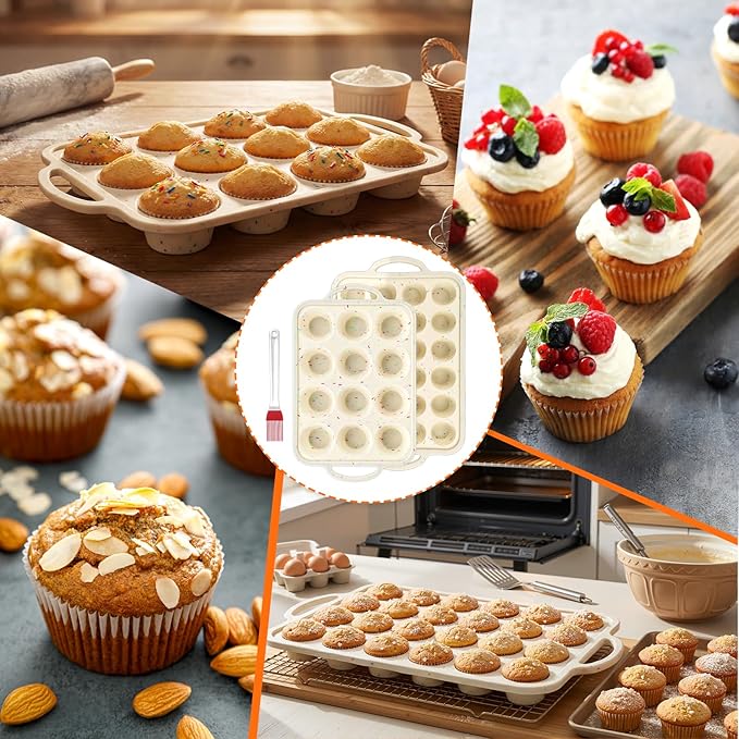 4 Pcs Silicone Cupcake Pan Set with Metal Reinforced Frame, Regular 12/Mini 24 Cup Nonstick Mini Muffin Pan and 8/24 Cavity Mini Loaf Pan, Silicone Muffin Tray Molds for Baking Egg Bite Bread