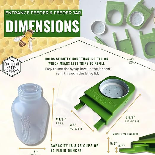 Foxhound Bee Co: Honey Bee Feeder for Beekeeping with Plastic Entrance Feeder and Extra Large Half Gallon Bottle for Feeding Sugar Syrup or Water to Bee Hives - 2 Pack