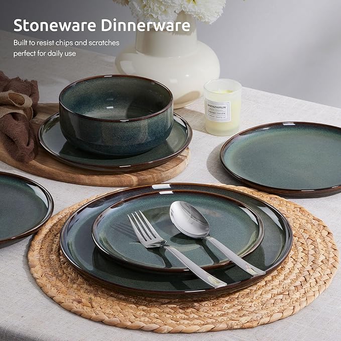 E-far Dinnerware Sets for 8, 24-Piece Stoneware Plates and Bowls Set, Ceramic Dishes Reactive Glaze Dinning Ware, Microwave & Dishwasher Safe - Obsidian Green
