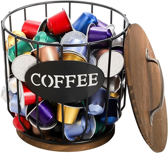 yarlung Coffee Pod Holder with Lid, Large Capacity K Cup Holder with Rustic Wooden Base, Black Wire Coffee Storage Basket for Kitchen Countertop, Cafe Bar Organizer