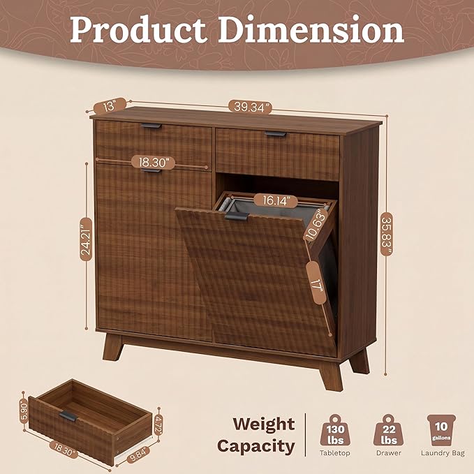 Double Tilt Out Laundry Hamper Cabinet, 20 Gallon Wooden Trash Can Cabinet with Storage Drawers, Hidden Fluted Bathroom Storage Cabinet for Kitchen, Living Room (Walnut Wood, 39.34"W x 35.83"H x 13"D)
