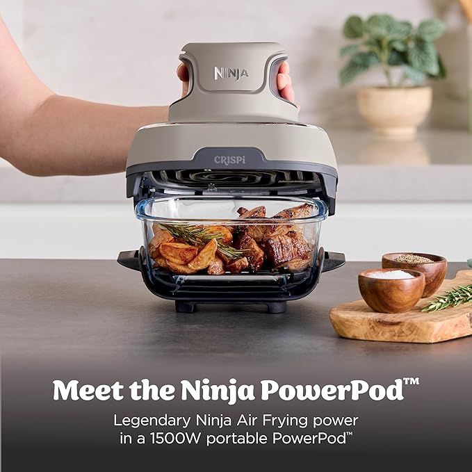 Ninja Crispi 4-in-1 Glass Air Fryer | 450°F | Non-Toxic | 4QT & 6-Cup Glass Containers w/Lids | Microwave, Freezer, Dishwasher Safe | Max Crisp, Air Fry, Bake, Recrisp | Stone | FN101ST