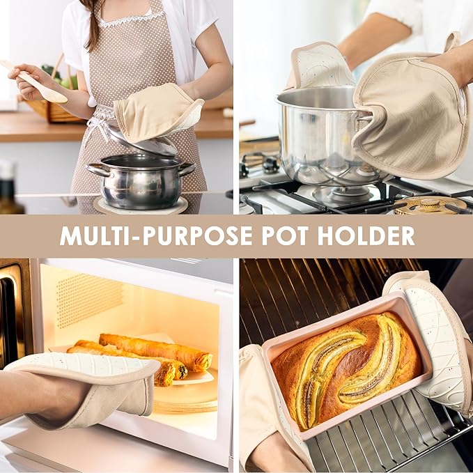 7 PCS Kitchen Oven Mitts and Pot Holders Cooking Mittens Heat Resistant 500°F Silicone Oven Mitts Soft Cotton Lining Non-Slip Oven Mittens for Kitchen Baking BBQ Cooking with Hook Up Oil Brush(Cream)