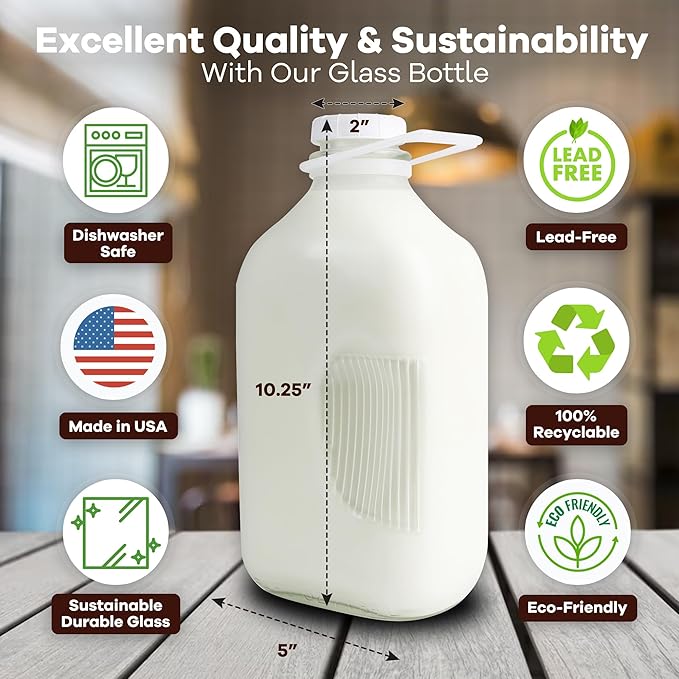 The Dairy Shoppe Heavy Glass Milk Bottles - Jugs with Lids, Silicone Pour Spouts - Clear Milk Containers for Fridge - Reusable Glass Milk Jug Dispenser - Made in USA (64 oz, 4 Pack)