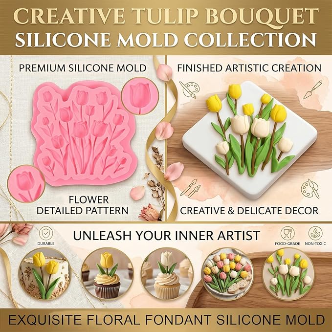 1 Pcs Tulip Fondant Mold, Flower Chocolate Silicone Mold, Food-Grade Material, for Baking Cookies Candy Sugar Crafts, Marzipan Muffins Chewing Gum Salted Dough Epoxy Resin Plaster Soap Clay