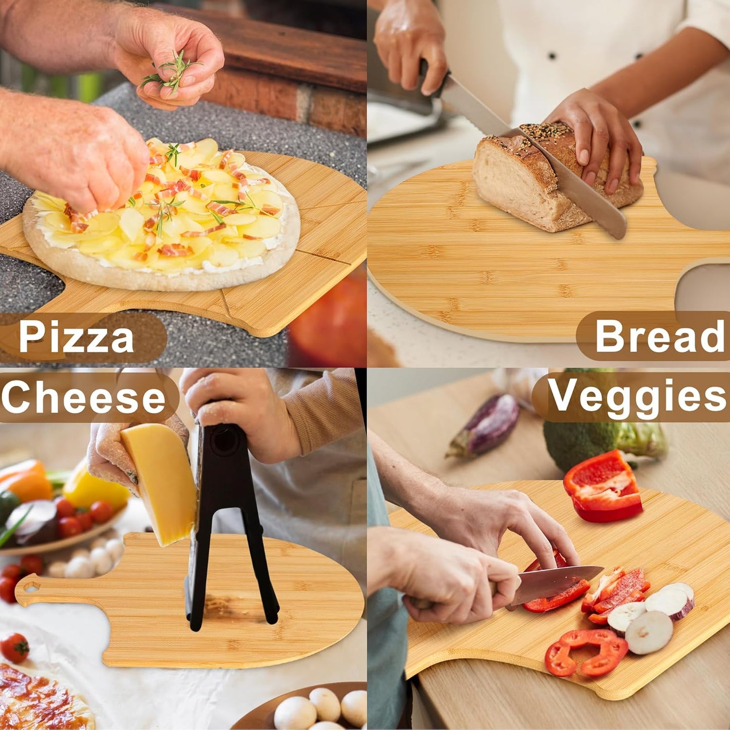 Pizza Peel Wooden, 2 Pack of 12 Inch Pizza Spatula Wood Non-Stick, Bamboo Pizza Paddle as Cutting Board with Cutting Grooves for Easy Pizza and Bread Making
