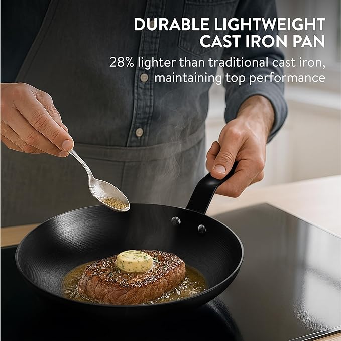 Navaris Nitrided Cast Iron Skillet - 10"(25cm) Lightweight & Smooth Frying Pan - Dishwasher Safe - No Re-Season Needed, for Oven, Stovetop, Grill & Campfire, Induction Ready