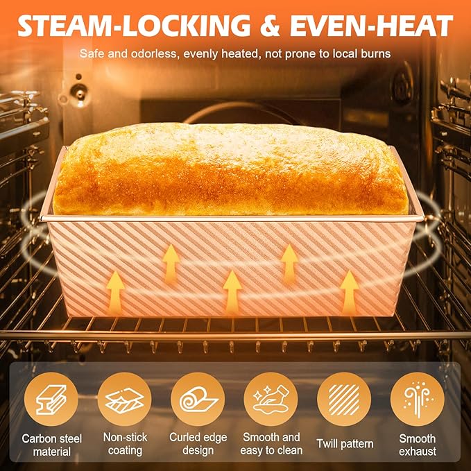 2Pack Large Bread Pan with Lids – 2.2LB Dough Capacity, Non-Stick Carbon Steel Bread Pans for Homemade Sandwich and Sourdough Bread, Corrugated Toast Mold(Gold)