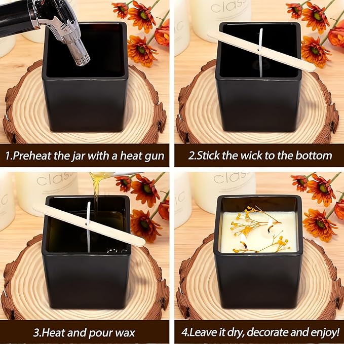 CONNOO 12 Pack 9 OZ Matte Black Square Candle Jars for Making Candles, Thick Glass Bulk Empty Candle Containers with Airtight Bamboo Lids for Candle Making, Sticky Warning Labels - Dishwasher Safe