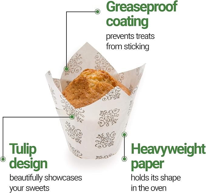 Restaurantware Panificio 1.7 Ounce Baking Cups 200 Tulip Cupcake Liners - Oven-Ready Freezable Black And White Paper Muffin Cases Disposable Vintage Floral For Wedding Parties Baby Showers