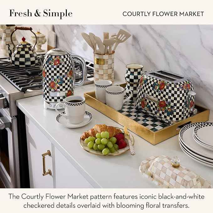 MACKENZIE-CHILDS 2-Slice Toaster, Decorative Toaster for Kitchen, Black-and-White Courtly Flower Market