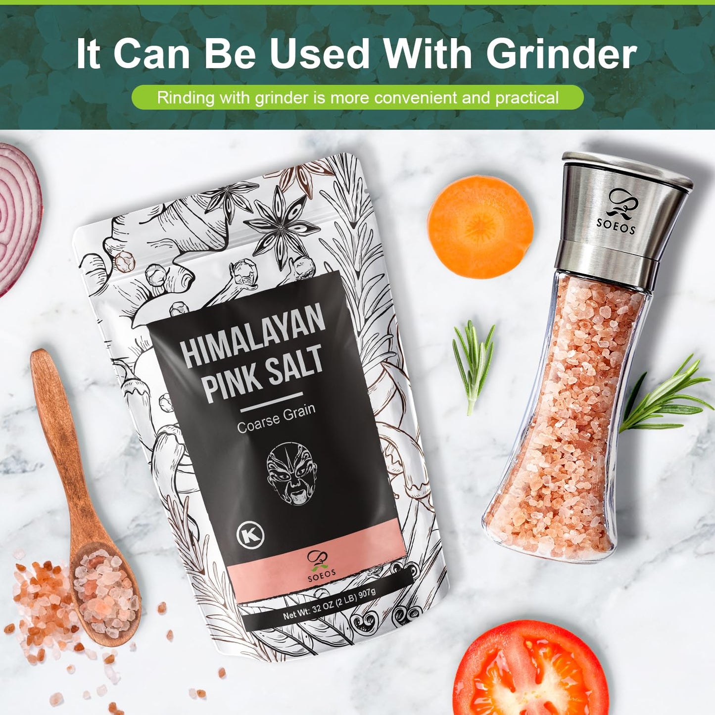 Soeos Himalayan Pink Salt, Coarse Grain, 2 Pound (32 Oz), Pink Himalayan Sea Salt, Himalayan Salt Coarse Salt, Pink Salt for Grinder Refill, Kosher & Natural Certified, Healthy