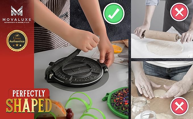 Movaluxe® Tortilla Press 8 Inch Cast Iron LARGE – Corn & Flour Roti Maker Machine Heavy Duty Tortillera Presser. With Parchment Paper, Warmer Pouch, Taco Holders, Rubber Mat & Digital Culinary Guide