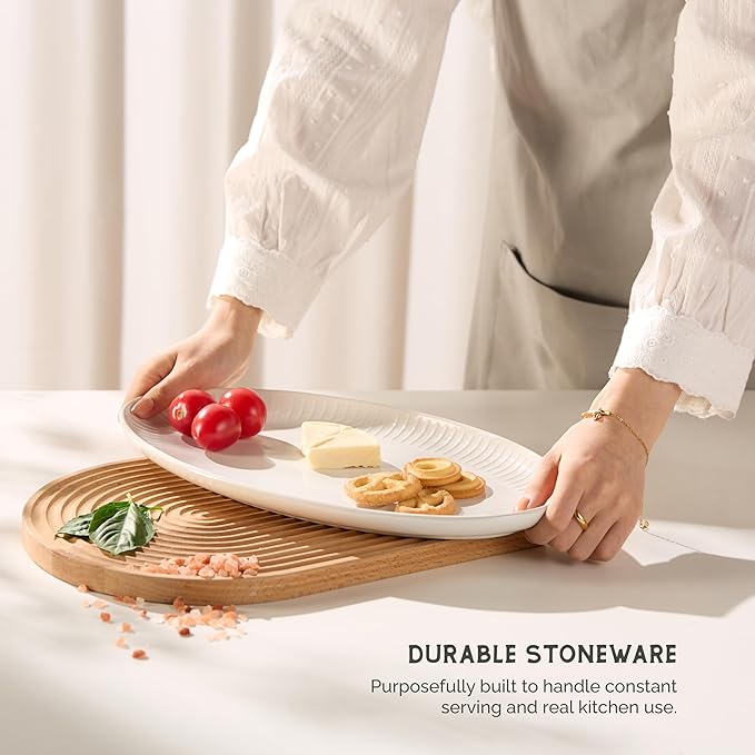 Serving Dishes, 12/14", Durable Ceramic Platters, Ribbed Rim, Oval, Microwave and Dishwasher Safe, Medium/Small, Set of 2, Powder White, Tidal Collection