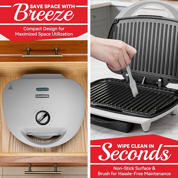 SugarWhisk Family-sized Contact Grill, 6-Serving Electric Indoor Grill with Adjustable Temp Control, Ceramic Coating, 1500W, Silver