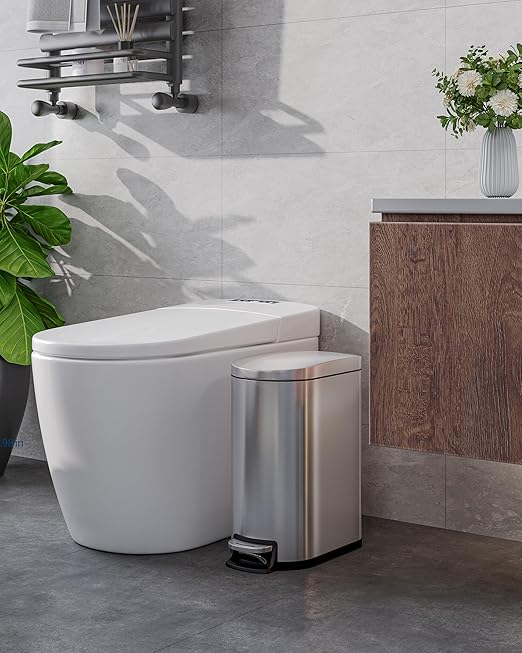 2.6 Gallon Bathroom Trash Can with Lid, Slim Step Pedal Garbage Bin, Stainless Steel Wastebasket with Soft-Close Lid, Removable Inner Bucket & Rear Handle for Bathroom, Office & Small Spaces-Silver