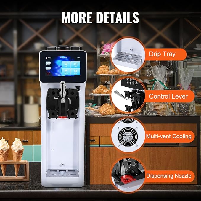 VEVOR Commercial Ice Cream Machine, 1000W Single Flavor Soft Serve Ice Cream Maker, 10.6 QT/H Yield, 4L Hopper & 1.6L Cylinder, Touch Screen, Auto Clean & Pre-Cooling, Countertop Restaurant Snack Bar