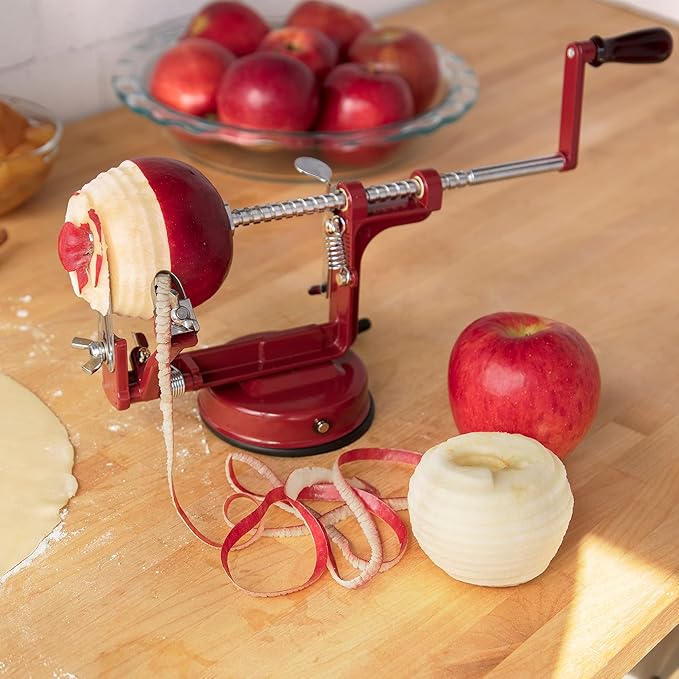 Apple Peeler and Corer- Durable Heavy Duty Chrome Cast Iron w Powerful Countertop Suction, Hand Crank for Fruits, Potatoes or Veggies, Picking Season- Pie, Treat Dessert Baking, Must Have Kitchen Tool